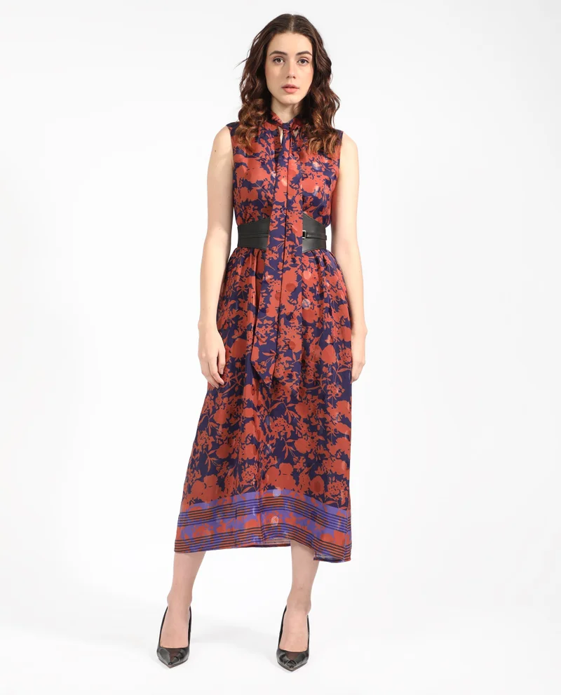Rareism Rareism Women's Ellu Brown Polyester Fabric Tie-Up Neck  Sleeveless Floral Print  Knee Length Dress