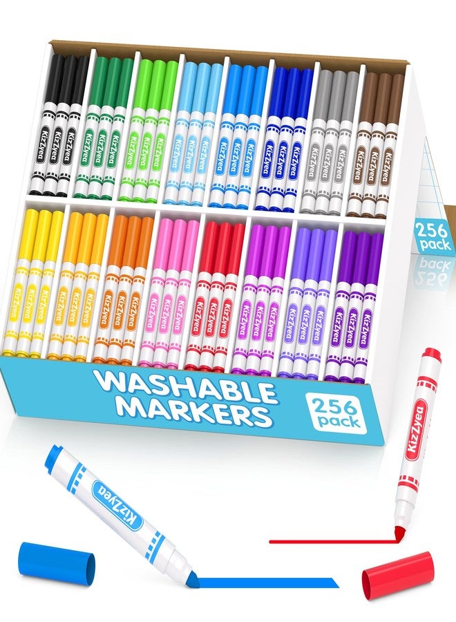 KIZZYEA Washable Markers Bulk, Markers for Kids, 16 Assorted Colors, 256 Count, Broad Line Coloring Marker for School, Student Art Supplies & Back to School Craft, Classroom Essentials for Teachers - Image 1