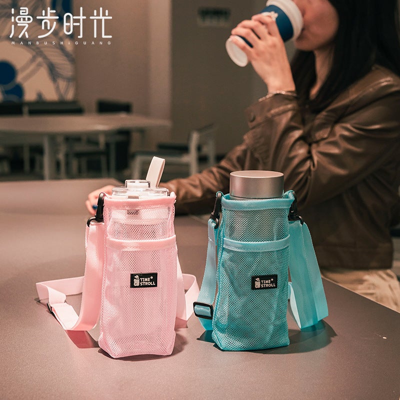 Outdoor water cup cover protective bag grid strap, can be hung obliquely mineral water spring beverage milk tea thermos cup cover bag(light pink) - Image 5