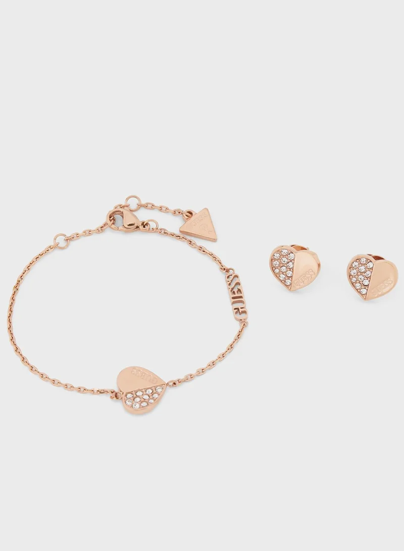GUESS Plain And Pave Heart Stud Earrings & Bracelet Set