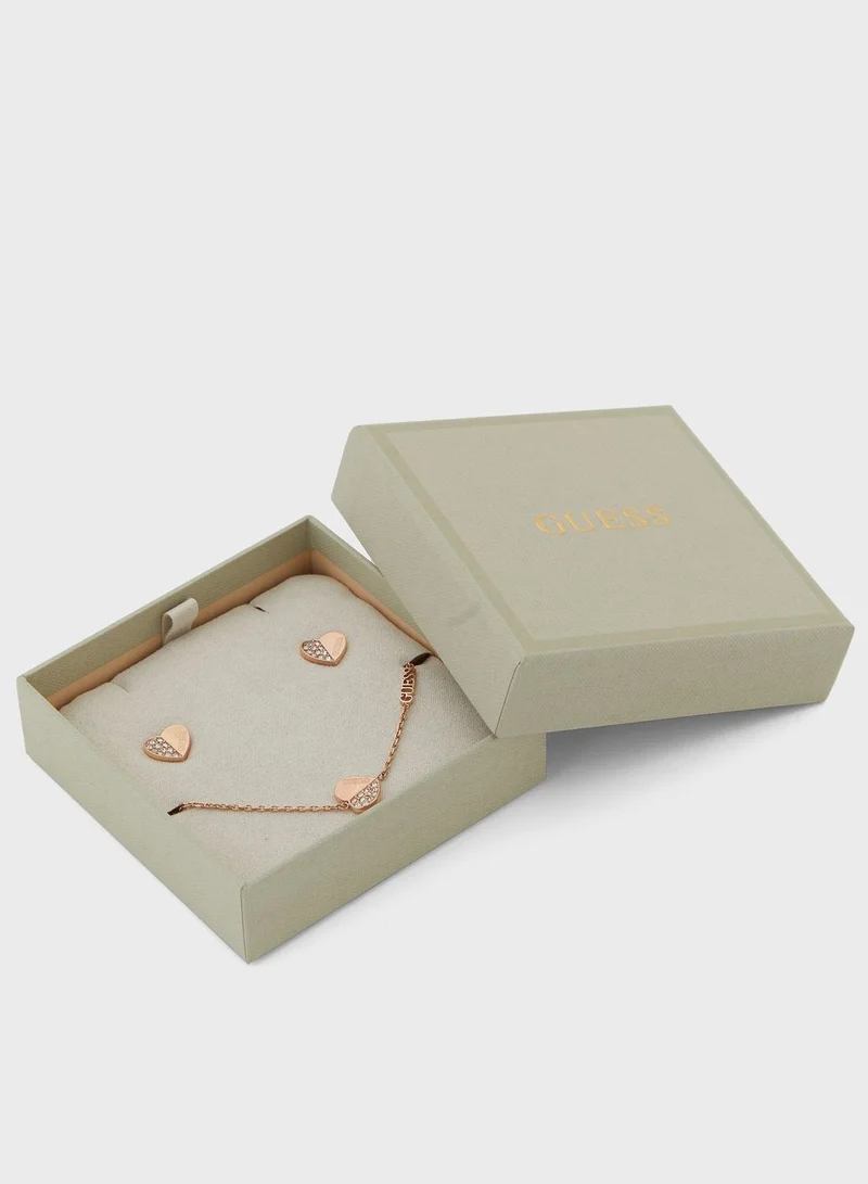 GUESS Plain And Pave Heart Stud Earrings & Bracelet Set