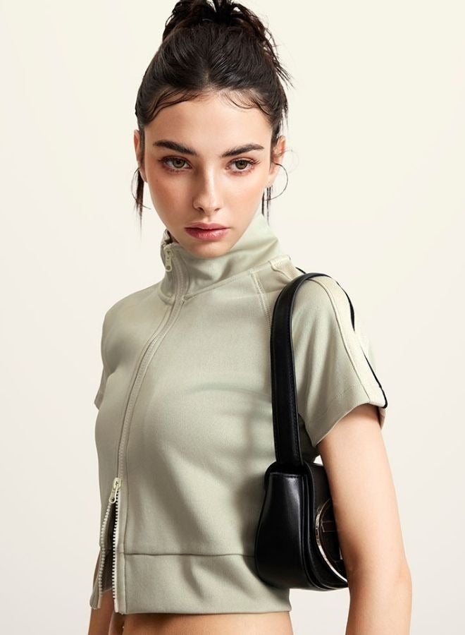 Mei Stylish Women's High Neck Zip Up Short Sleeve Crop Top  - Image 1