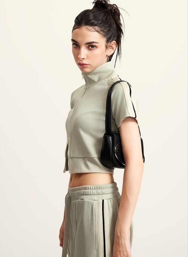 Mei Stylish Women's High Neck Zip Up Short Sleeve Crop Top  - Image 3