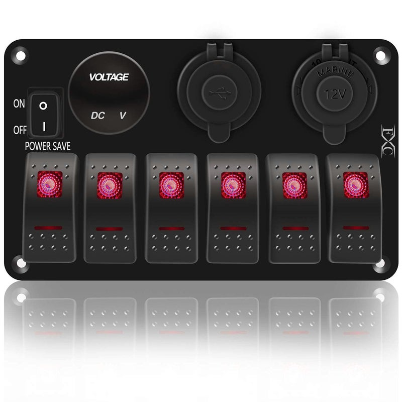 FXC Waterproof Marine Boat Rocker Switch Panel 6 Gang with 3.1A Dual USB Slot Socket + Cigarette Lighter +LED Voltmeter with Power-Save for Car Rv Vehicles Truck (6 Gang Red LED) - Image 2