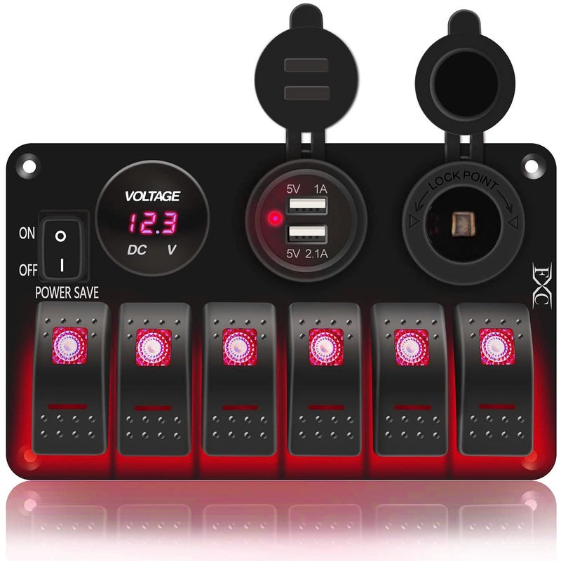 FXC Waterproof Marine Boat Rocker Switch Panel 6 Gang with 3.1A Dual USB Slot Socket + Cigarette Lighter +LED Voltmeter with Power-Save for Car Rv Vehicles Truck (6 Gang Red LED) - Image 1