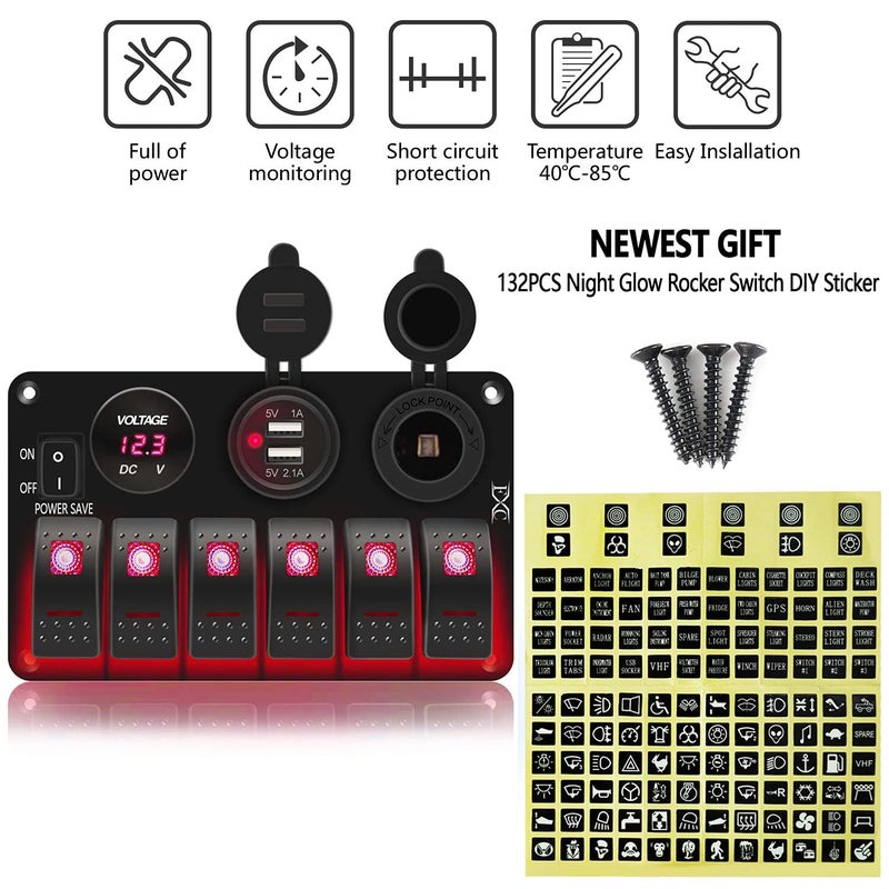 FXC Waterproof Marine Boat Rocker Switch Panel 6 Gang with 3.1A Dual USB Slot Socket + Cigarette Lighter +LED Voltmeter with Power-Save for Car Rv Vehicles Truck (6 Gang Red LED) - Image 3