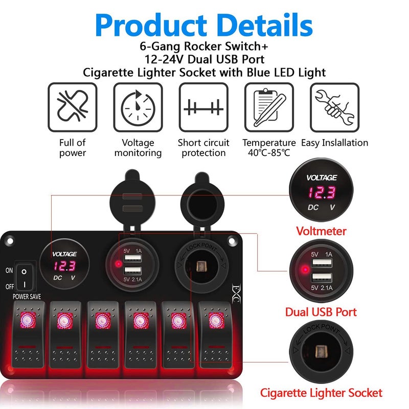 FXC Waterproof Marine Boat Rocker Switch Panel 6 Gang with 3.1A Dual USB Slot Socket + Cigarette Lighter +LED Voltmeter with Power-Save for Car Rv Vehicles Truck (6 Gang Red LED) - Image 4