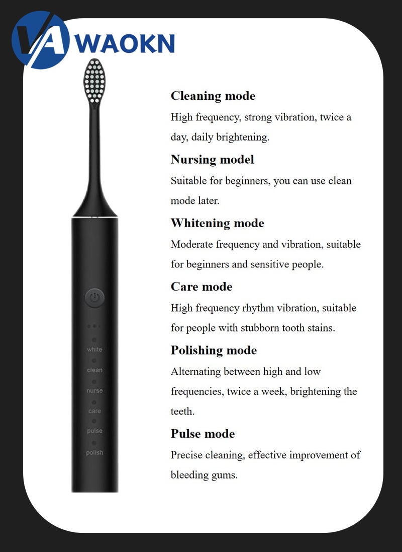 WAOKN Rechargeable Sonic Electric Toothbrush High-frequency Vibration IPX7 Waterproof Power Toothbrush 6 Modes Adjustable and Smart Electric Toothbrush with 4 Detachable Soft-bristle Brush Heads - Image 3