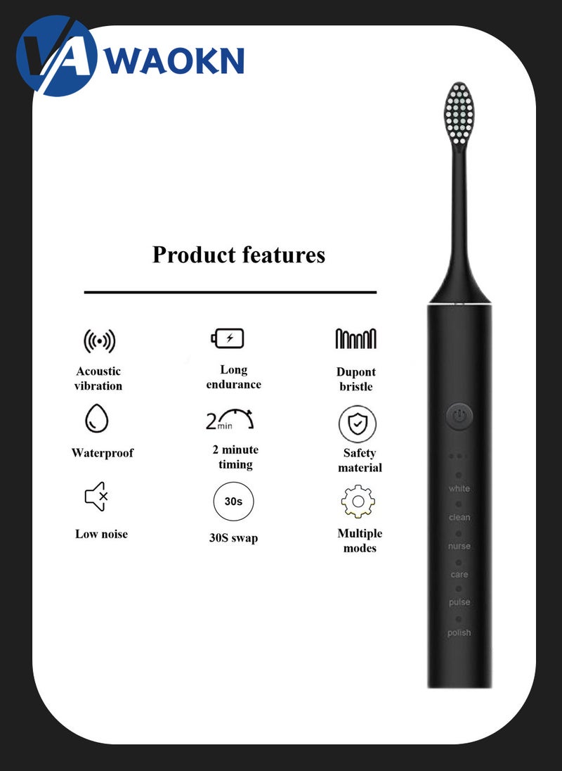 WAOKN Rechargeable Sonic Electric Toothbrush High-frequency Vibration IPX7 Waterproof Power Toothbrush 6 Modes Adjustable and Smart Electric Toothbrush with 4 Detachable Soft-bristle Brush Heads - Image 2