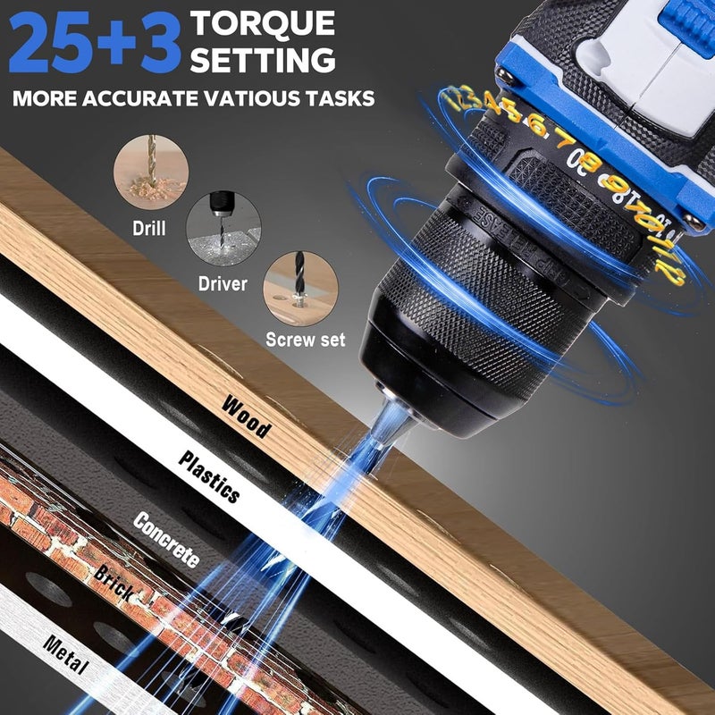 58V Cordless Drill, Brushless Power Drill Set With 2 Batteries And Charger,3/8-Inch Chuck Electric Drill Driver,25 Torque Setting,2 Variable Speed, Led Light, Drill/Driver Bits Included - Image 3