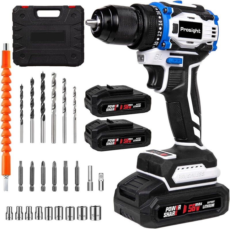 58V Cordless Drill, Brushless Power Drill Set With 2 Batteries And Charger,3/8-Inch Chuck Electric Drill Driver,25 Torque Setting,2 Variable Speed, Led Light, Drill/Driver Bits Included - Image 1