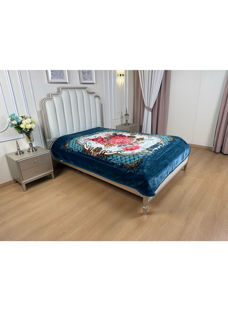 A heavy, velvety winter blanket for a double bed (4 kg), featuring a distinctive navy blue color and elegant, raised classic patterns—created via laser etching—that offer a soft, smooth texture.