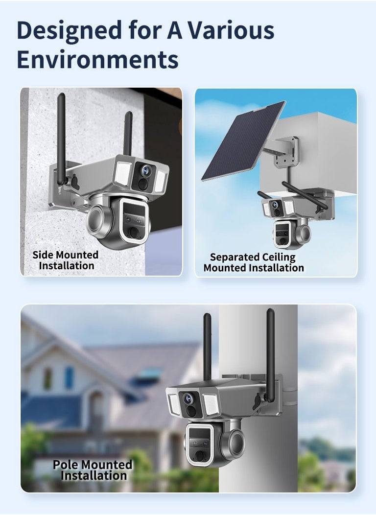 Generic - 4G & Wi-Fi Two Modes of Internet Access Multi-lens 4K/5MP Solar Powered PTZ Camera 360° View Video Surveillance System, Motion Detection, Full-Color Night Vision, 2-Way Audio, Pan Tilt, Cloud Storage - Image 1