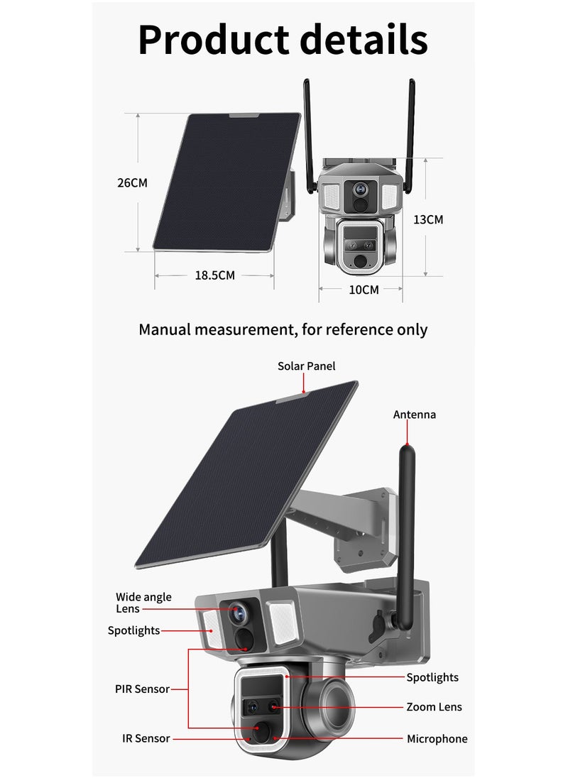 Generic - 4G & Wi-Fi Two Modes of Internet Access Multi-lens 4K/5MP Solar Powered PTZ Camera 360° View Video Surveillance System, Motion Detection, Full-Color Night Vision, 2-Way Audio, Pan Tilt, Cloud Storage - Image 1
