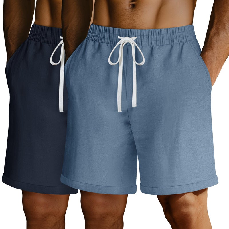 Ficerd 2 Pack Mens Big and Tall Linen Shorts Cotton Casual Elastic Waist Drawstring Summer Beach Shorts with PocketsHaze Blue Navy BlueXXLarg