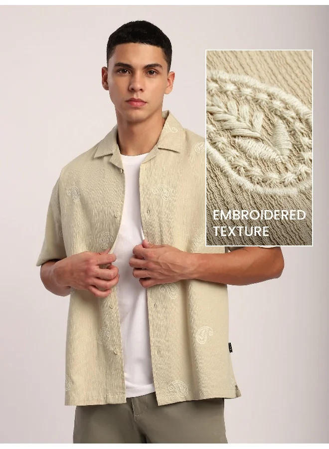 Beyoung Beige Motif Embroidered Cuban Shirt