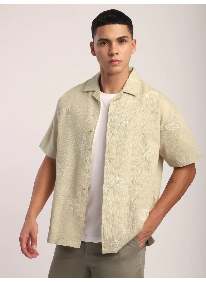 Beyoung Beige Motif Embroidered Cuban Shirt