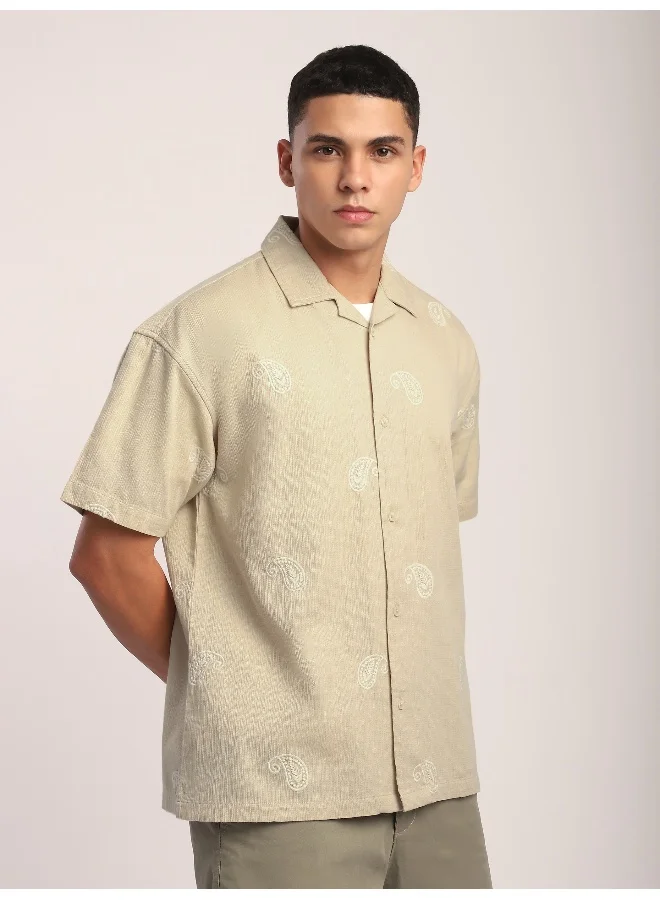 Beyoung Beige Motif Embroidered Cuban Shirt