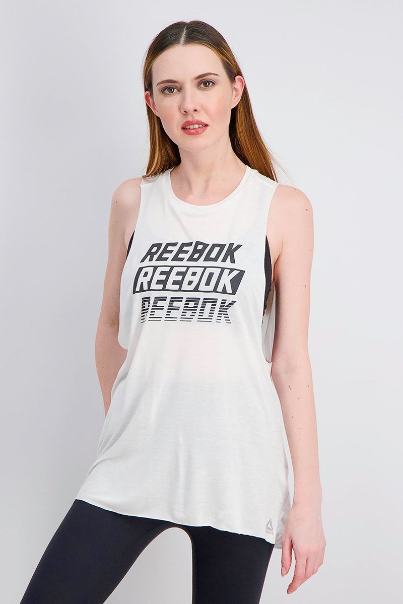 Reebok تي شيرت رياضي نسائي مناسب بفتحة عضلات، أبيض - Image 1