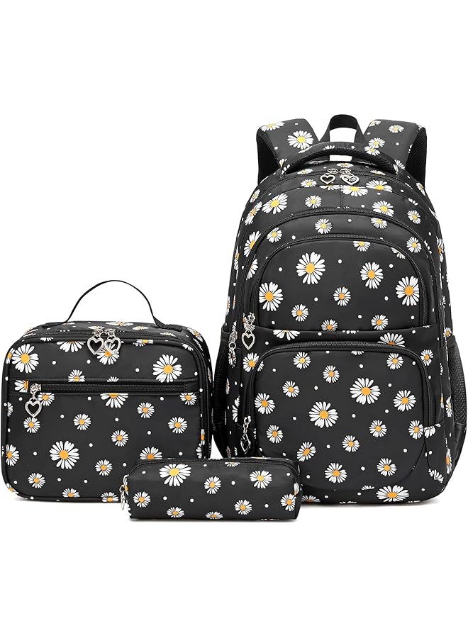 PROMASS Daisy Printed Backpacks With Lunch Pack Pencil Case 3pcs, Water Resistant Lightweight Bookbag For Middle School - Image 1