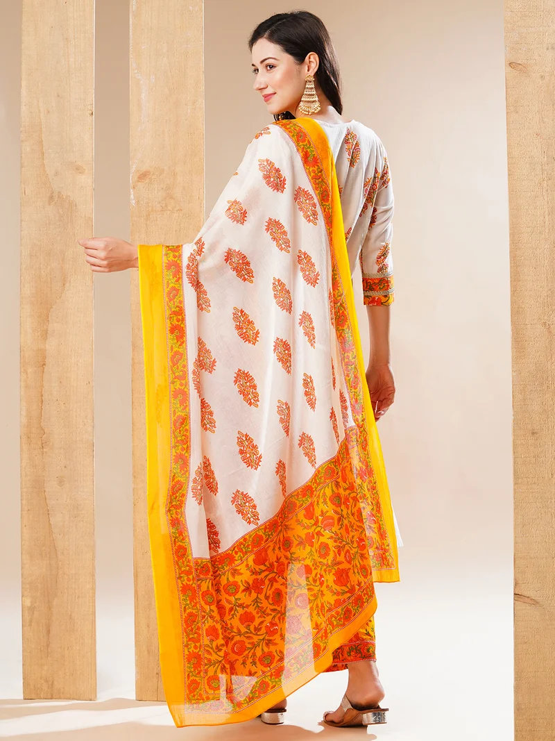 globus Women Off White Floral Printed Panelled Pure Cotton Straight Kurta & Trousers & Dupatta