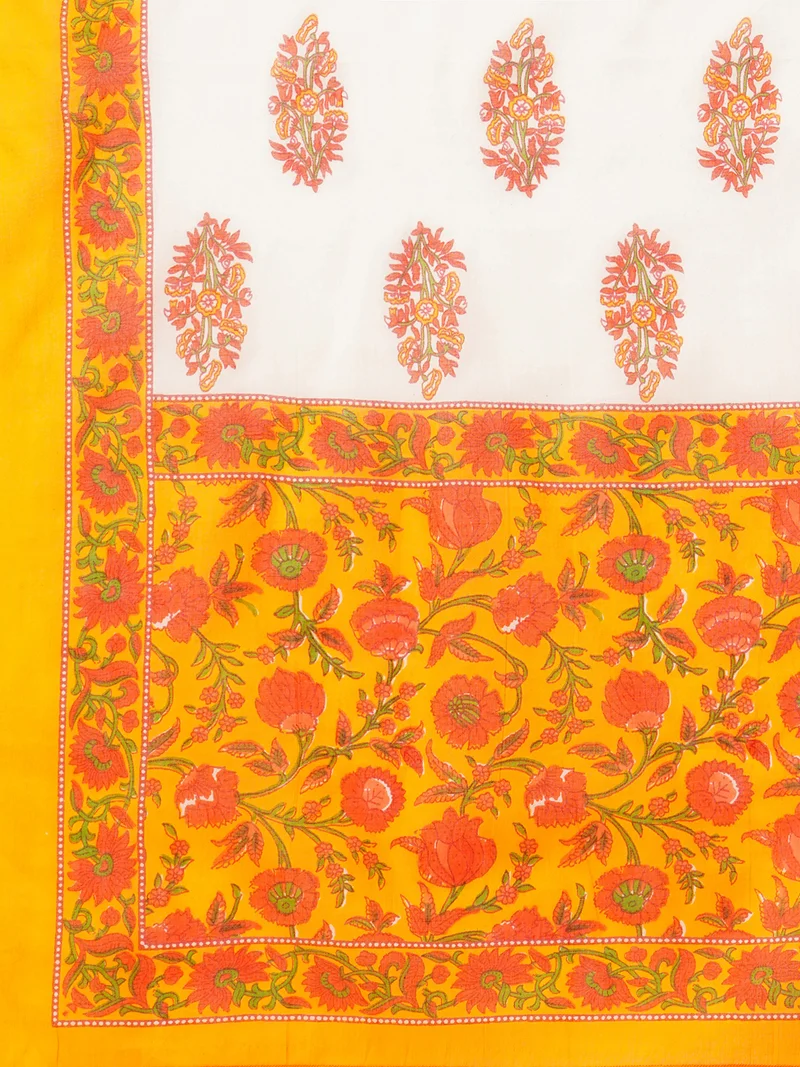 globus Women Off White Floral Printed Panelled Pure Cotton Straight Kurta & Trousers & Dupatta