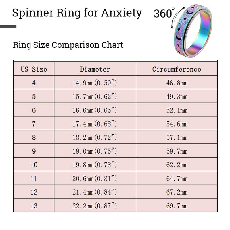 OreilleStar Anxiety Ring for Women Spinner Ring Fidget Ring Fidget Toys Adults Thumb Spinner Rings for Men Stainless Steel Moon Star Rainbow Size 9 - Image 5