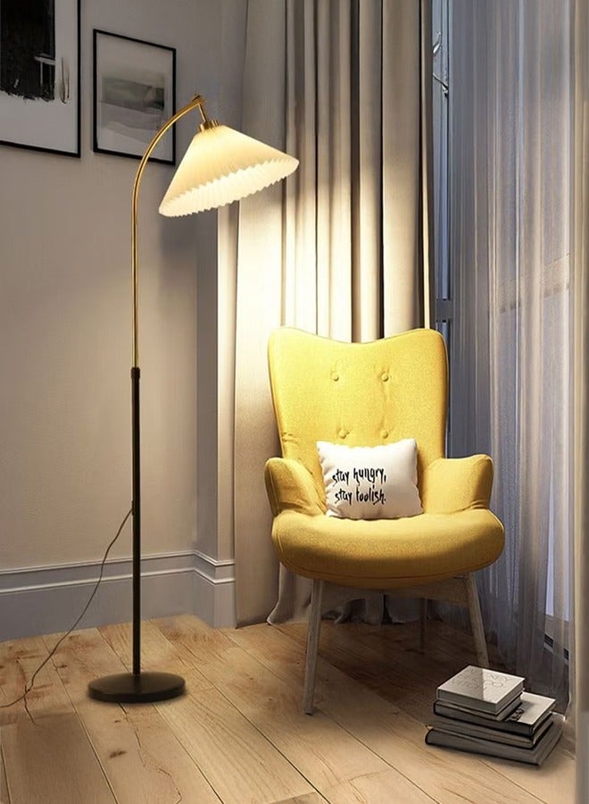 XiuWoo Modern Floor Lamp Standing Lamp with Pleated Lampshade, Over Couch Tall Reading Light, LED Floor Lamp for Bedroom, Living Room, Office Golden/Black 171x41 cm  - Image 1