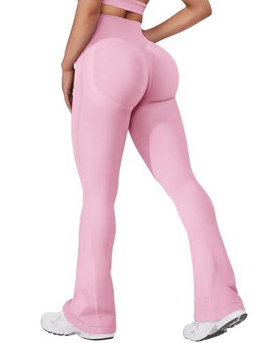 VOYJOY Mini Flared Impact Leggings for Women 30" Seamless Hidden Scrunch Butt Lift Workout Legging Flare Bootcut Yoga Pants Pink - Image 1