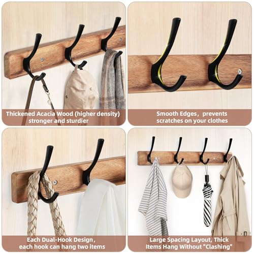 Yangbaga Coat Rack Wall Mount,Acacia Wood Coat Hooks Wall Mount,15" Wall Coat Rack with Heavy Duty 4-Double-Hooks,Hat Rack Wall Coat Hanger for Towel/Dog’s Leashes/Coat/Bag - Image 3
