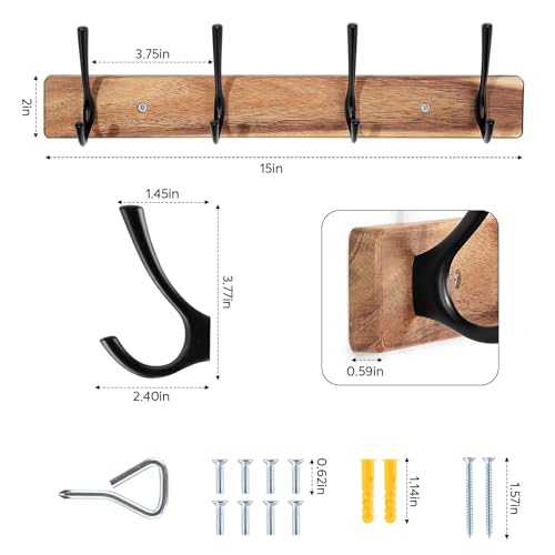 Yangbaga Coat Rack Wall Mount,Acacia Wood Coat Hooks Wall Mount,15" Wall Coat Rack with Heavy Duty 4-Double-Hooks,Hat Rack Wall Coat Hanger for Towel/Dog’s Leashes/Coat/Bag - Image 2