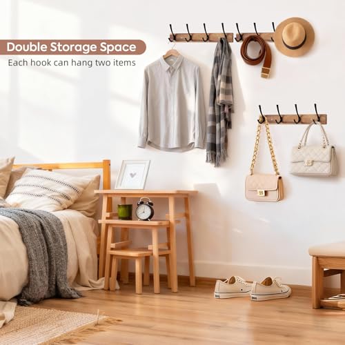 Yangbaga Coat Rack Wall Mount,Acacia Wood Coat Hooks Wall Mount,15" Wall Coat Rack with Heavy Duty 4-Double-Hooks,Hat Rack Wall Coat Hanger for Towel/Dog’s Leashes/Coat/Bag - Image 5