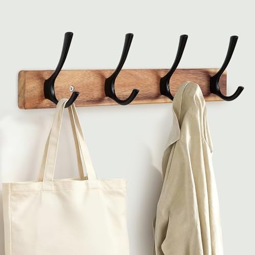 Yangbaga Coat Rack Wall Mount,Acacia Wood Coat Hooks Wall Mount,15" Wall Coat Rack with Heavy Duty 4-Double-Hooks,Hat Rack Wall Coat Hanger for Towel/Dog’s Leashes/Coat/Bag - Image 1