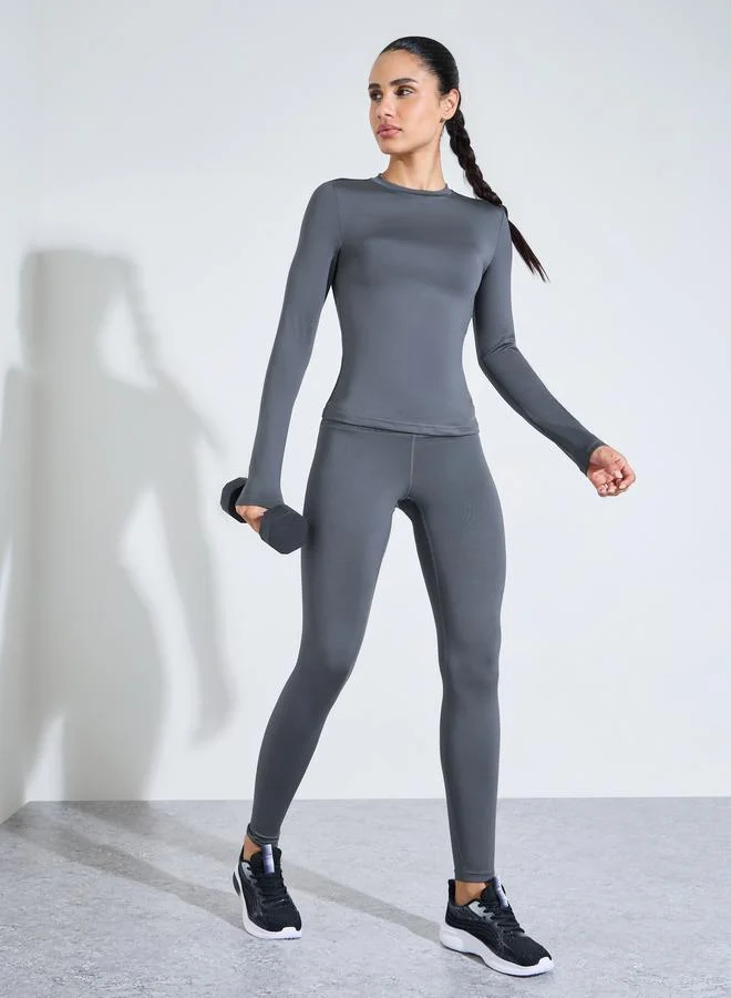 Charcoal Solid Long Sleeves Fitted Top and Leggings Activewear Set