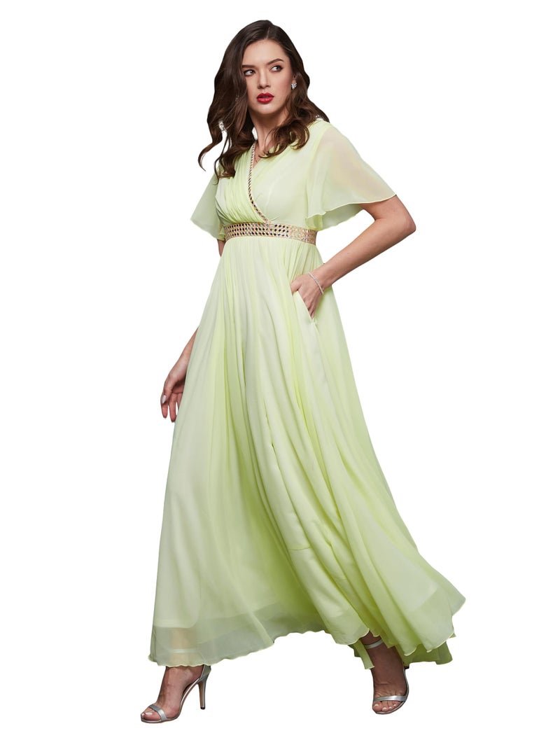 Miss Chase Women's V-Neck Flared/Bell Sleeves Solid Georgette Fit & Flare with Pockets Maxi Dress (MCSS23D06-61-299-05, Lemon Yellow, L) - Image 1