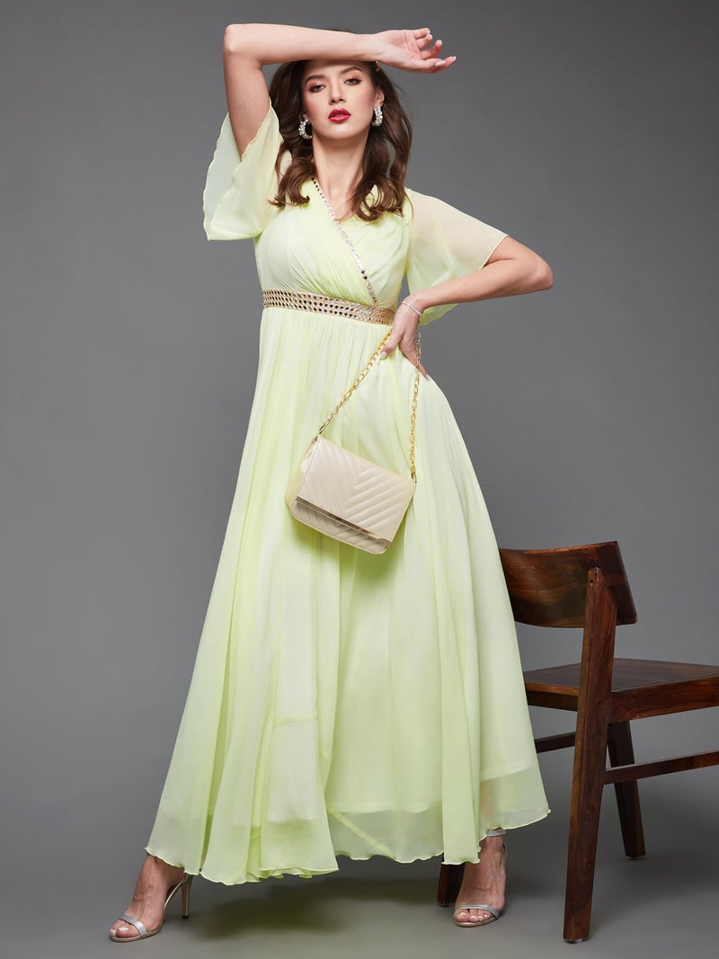 Miss Chase Women's V-Neck Flared/Bell Sleeves Solid Georgette Fit & Flare with Pockets Maxi Dress (MCSS23D06-61-299-05, Lemon Yellow, L) - Image 4