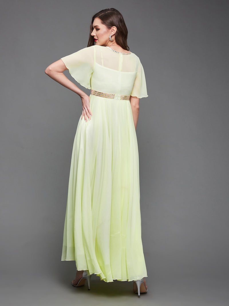 Miss Chase Women's V-Neck Flared/Bell Sleeves Solid Georgette Fit & Flare with Pockets Maxi Dress (MCSS23D06-61-299-05, Lemon Yellow, L) - Image 2