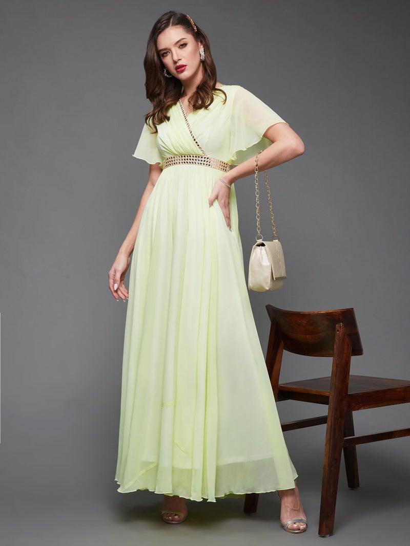 Miss Chase Women's V-Neck Flared/Bell Sleeves Solid Georgette Fit & Flare with Pockets Maxi Dress (MCSS23D06-61-299-05, Lemon Yellow, L) - Image 3