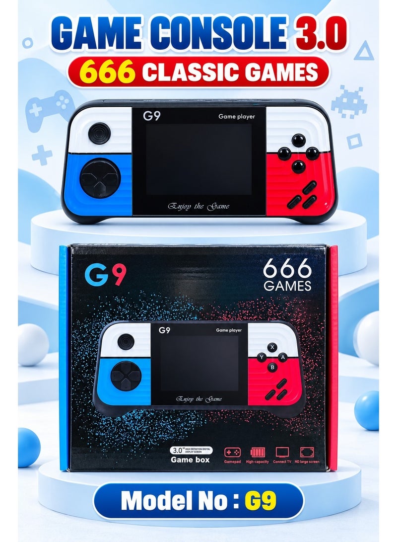 جهاز ألعاب محمول كلاسيكي G9، يضم 666 لعبة كلاسيكية، مزود بشاشة مقاس 3.0 بوصة وأزرار تحكم مدمجة، تصميم قابل للحمل، متوفر باللونين الأزرق والأحمر - Image 5