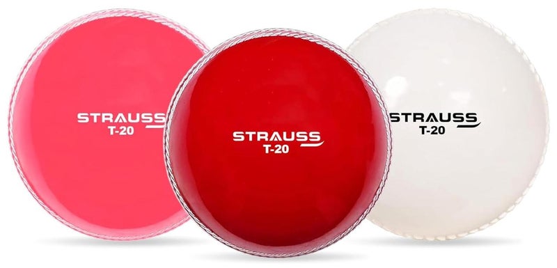 STRAUSS كرات كريكيت صناعية | نموذج: T-20 | حجم قياسي | عبوة من 3 ألوان: أحمر، أبيض ووردي | للمباريات والتدريب | لجميع الفئات العمرية | كرة T-20 متوسطة الوزن - Image 1