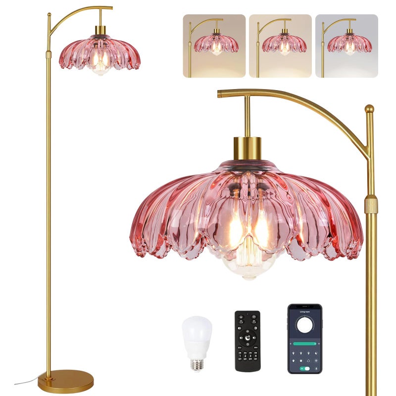 ILLMTW Floor Lamp for Living Room,Bedroom,Gold Dimmable Standing Lamp with Remote,Mid Century Modern Brass Tall Lamp Retro Vintage Pink Glass Lamp Floor Light Boho Bohemian - Image 1
