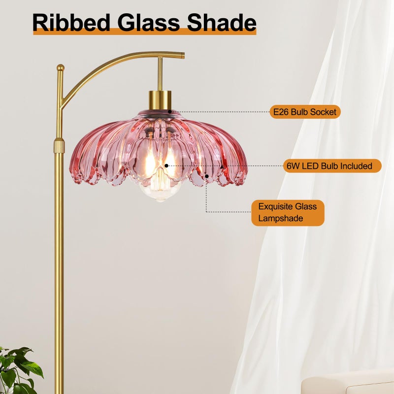 ILLMTW Floor Lamp for Living Room,Bedroom,Gold Dimmable Standing Lamp with Remote,Mid Century Modern Brass Tall Lamp Retro Vintage Pink Glass Lamp Floor Light Boho Bohemian - Image 5