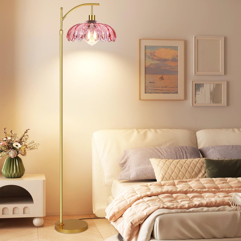 ILLMTW Floor Lamp for Living Room,Bedroom,Gold Dimmable Standing Lamp with Remote,Mid Century Modern Brass Tall Lamp Retro Vintage Pink Glass Lamp Floor Light Boho Bohemian - Image 3