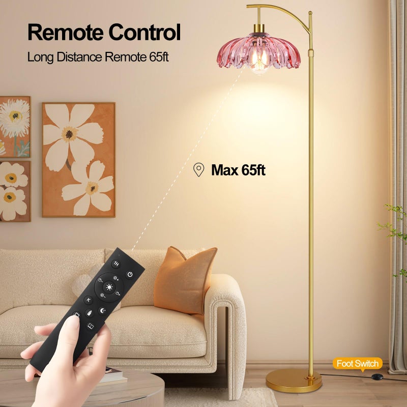 ILLMTW Floor Lamp for Living Room,Bedroom,Gold Dimmable Standing Lamp with Remote,Mid Century Modern Brass Tall Lamp Retro Vintage Pink Glass Lamp Floor Light Boho Bohemian - Image 4