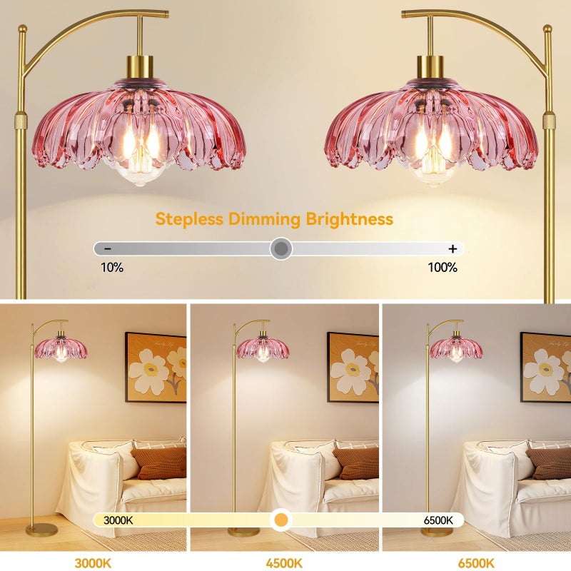 ILLMTW Floor Lamp for Living Room,Bedroom,Gold Dimmable Standing Lamp with Remote,Mid Century Modern Brass Tall Lamp Retro Vintage Pink Glass Lamp Floor Light Boho Bohemian - Image 2
