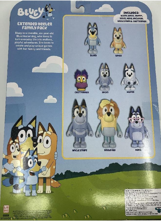 BLUEY - Bluey, Extended Heeler Family Pack, 2.5-3 inch Figures, Bingo, Socks, Muffin, Uncle Stripe, Uncle Rad, Nana and Chattermax, Preschool, Toys for Kids, Ages 3+ - Image 1