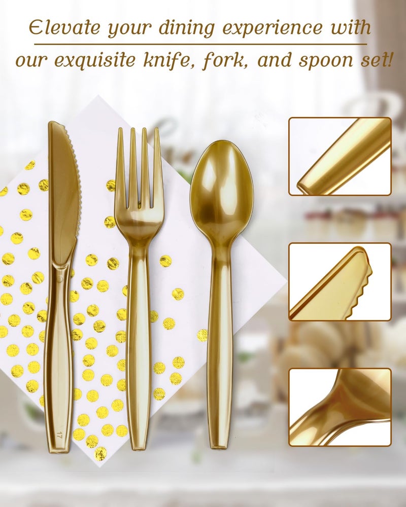 Lzerking 224 Pieces Party Supplies  White and Gold Dots Party Plates Cups and Napkins Sets with Plastic Knives forks spoons  Disposable Tableware Serves 32 Sets for Wedding  Birthday  Graduation  Festivals - Image 4