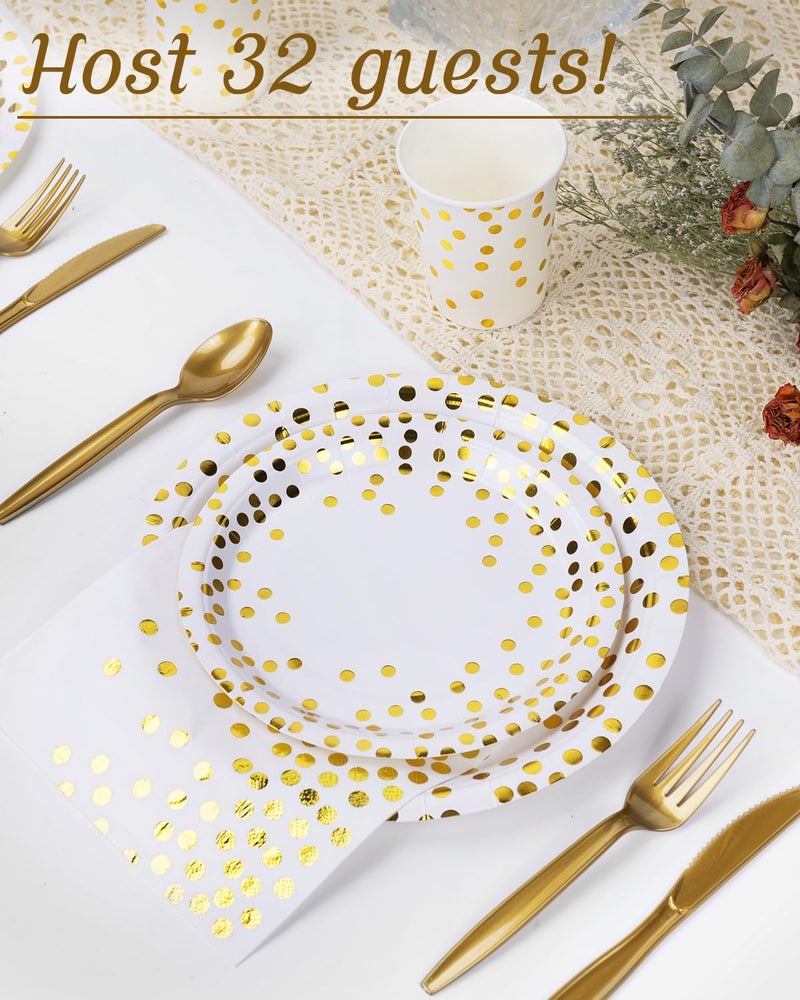 Lzerking 224 Pieces Party Supplies  White and Gold Dots Party Plates Cups and Napkins Sets with Plastic Knives forks spoons  Disposable Tableware Serves 32 Sets for Wedding  Birthday  Graduation  Festivals - Image 1