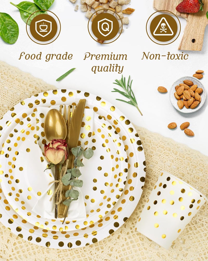 Lzerking 224 Pieces Party Supplies  White and Gold Dots Party Plates Cups and Napkins Sets with Plastic Knives forks spoons  Disposable Tableware Serves 32 Sets for Wedding  Birthday  Graduation  Festivals - Image 3