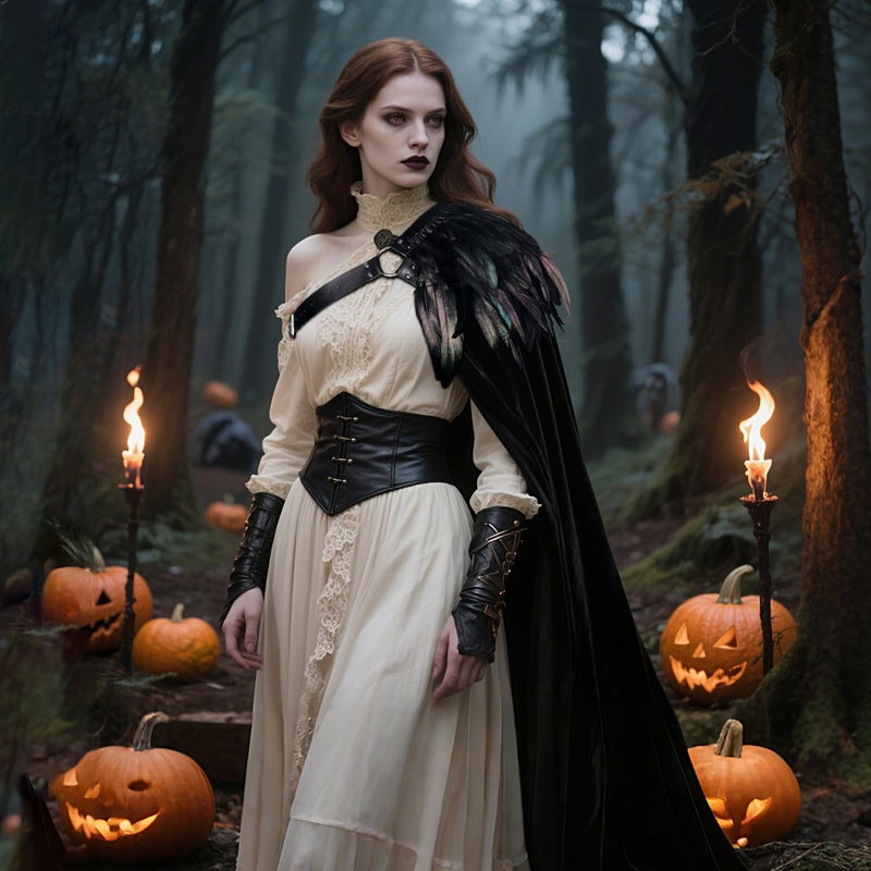 L'VOW Gothic Black Half Cape Renaissance One Shoulder Cloak with Feather Men Women Halloween Cosplay Medieval Costume - Image 4